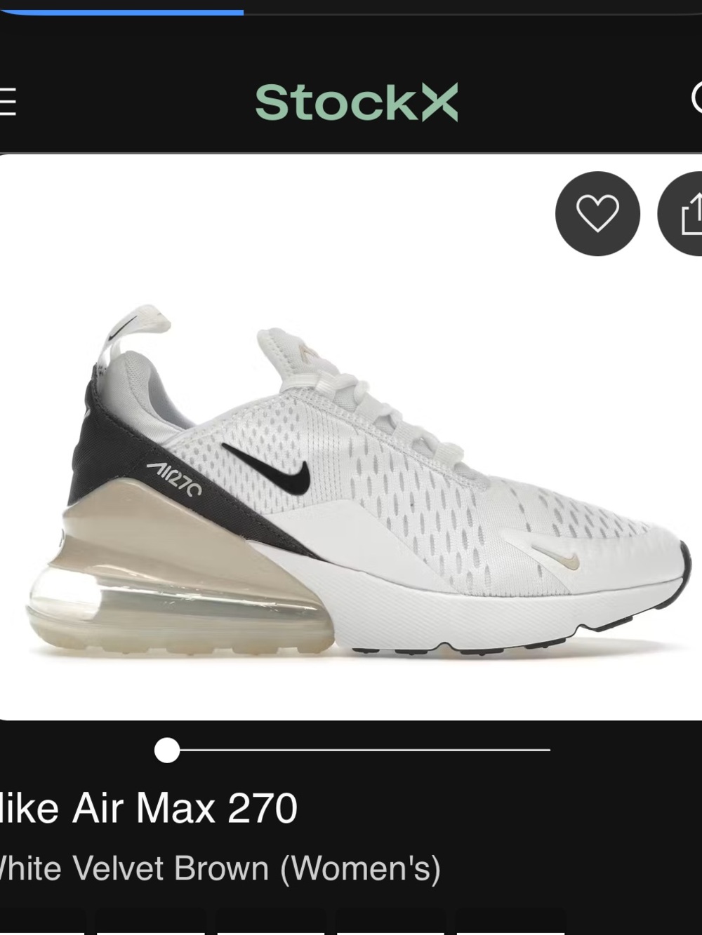 Nike women’s Air Max 270 White/velevet brown. “ white velvet brown”